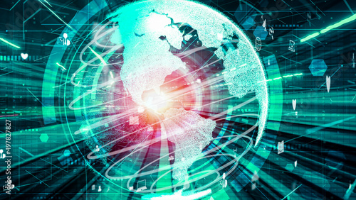 Foto Futuristic global social media, people network and tacit digital data sharing