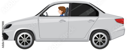 A girl driving a car on white background