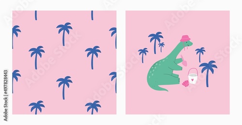 Cute cartoon dinosaurs on the beach. Summer holidays Dino at sea - vector print