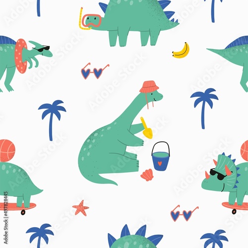 Cute cartoon dinosaurs on the beach. Summer holidays Dino at sea - seamless pattern
