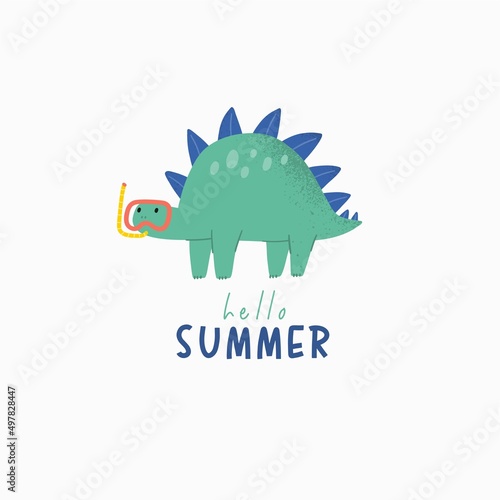 Cute cartoon dinosaurs on the beach. Summer holidays Dino at sea - vector print