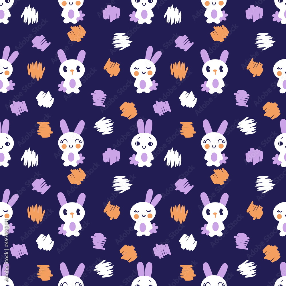 Hand drawn dark seamless pattern with bunnies and brush strokes. Perfect for T-shirt, textile and print. Doodle illustration for decor and design.