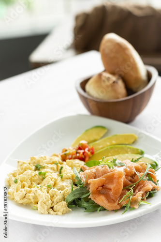 scrambled eggs with smoked salmon and avocado healthy breakfast