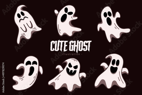 Set of Collection Cute Ghost Horror Cartoon flat design hand drawn Spooky emoji funny spirit doodle