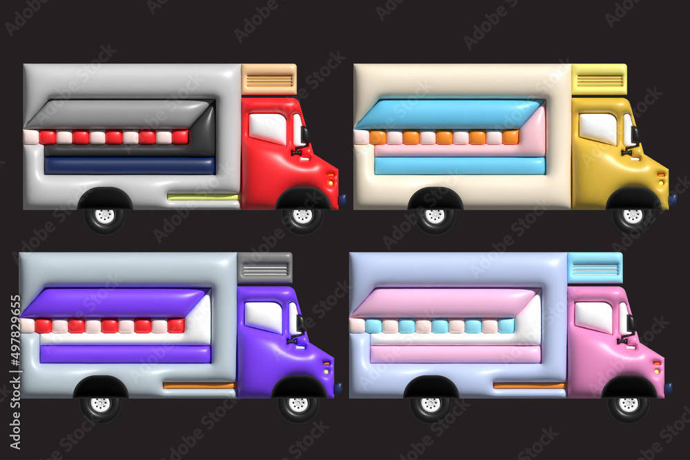 Fototapeta premium 3D Illustration fo truck food or truck to street food. 3d rendering. different color