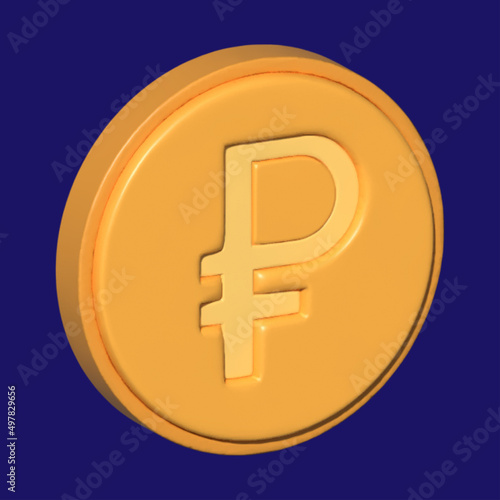 3D Coin Ruble Russian money. 3D Rendering of Russia ruble symbol on money bag and coin on background concept of Russian economy and financial. 3D Render illustration cartoon style.