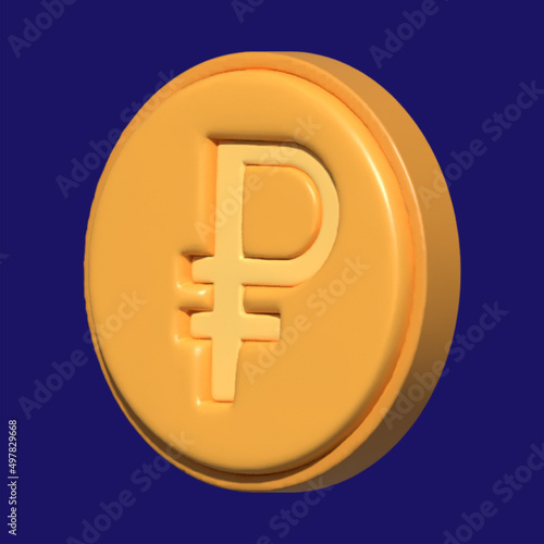 3D Coin Ruble Russian money. 3D Rendering of Russia ruble symbol on money bag and coin on background concept of Russian economy and financial. 3D Render illustration cartoon style.