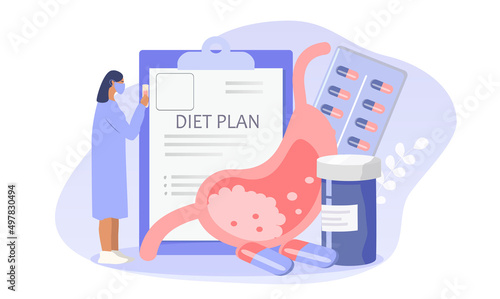 vector illustration in a flat style on the theme of gastroenterology. Stomach, diet plan, doctor with test tube and pills