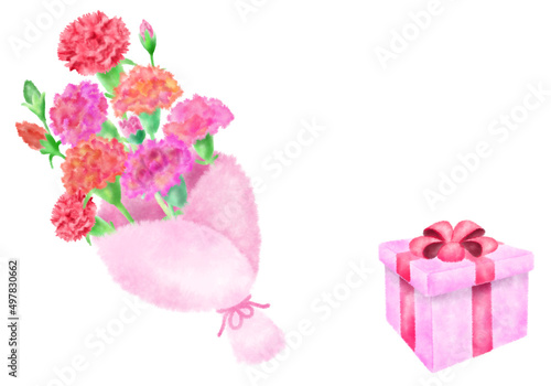 Fototapeta Naklejka Na Ścianę i Meble -  Carnation Watercolor Illustration Flower and Mother's Day Background