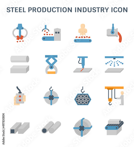 Production industry, manufacturing and metallurgy vector icon consist of worker, machine equipment i.e. overhead crane. To smelting, melting or casting product i.e. roll of steel coil or sheet, pipe.
