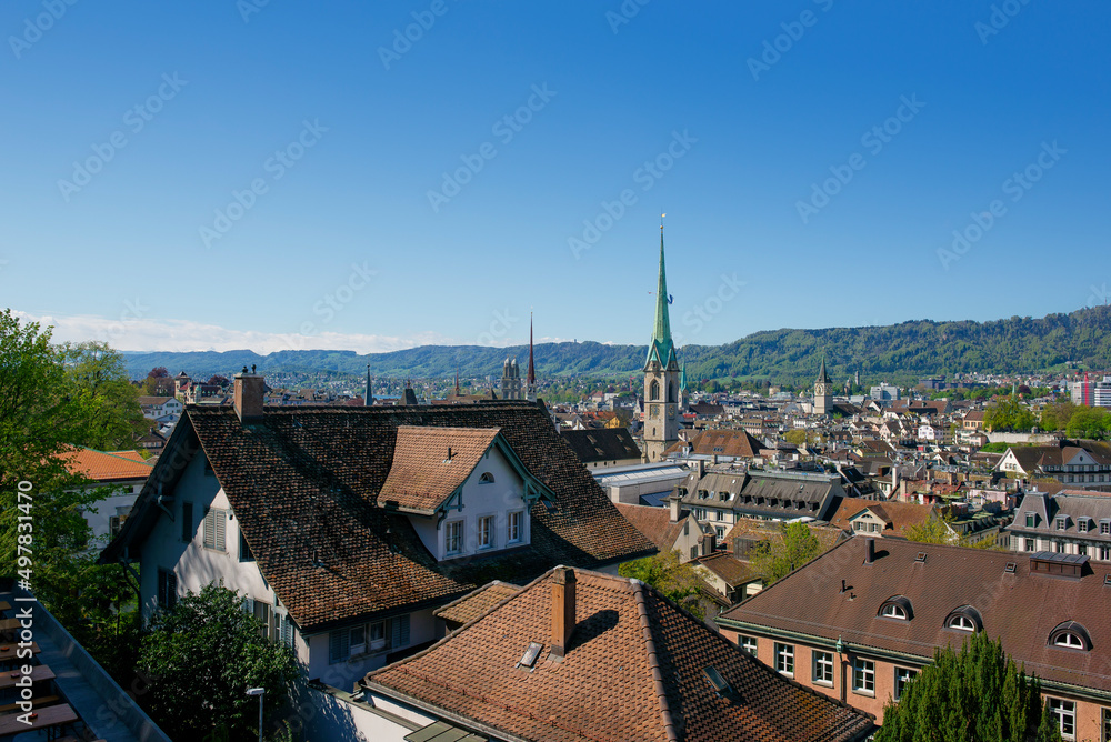 cityscape of zurich, swiss. fraumunster church.