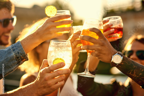 In the end, all that matters is happiness. Cropped shot of a group of unrecognizable friends having a drink and spending the day outside on a rooftop.