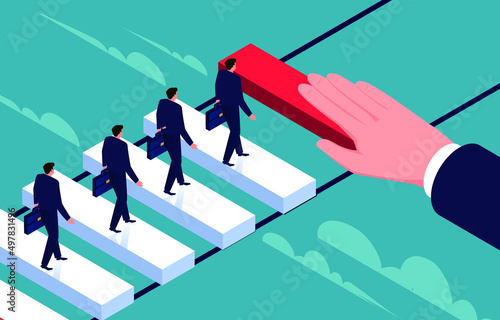 Isometric hand holding wooden blocks to build a wooden bridge helping a group of small businessmen to cross a ravine, helping with problems and troubles