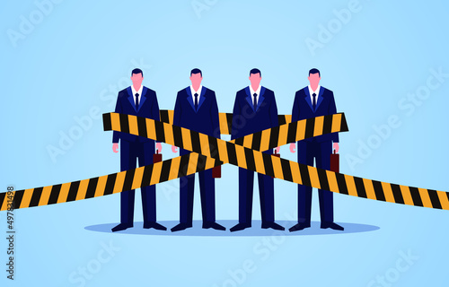 Four businessmen tied together by a cordon, business sanctions and social distancing, ban on trade and social activities