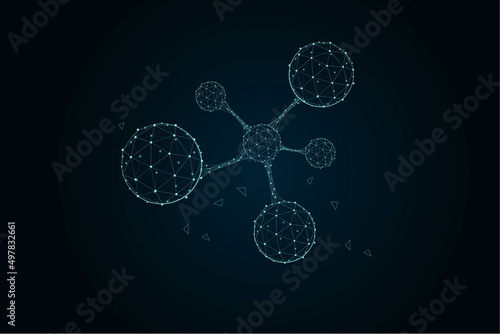 Model molecule with low poly wireframe in blue design illustration