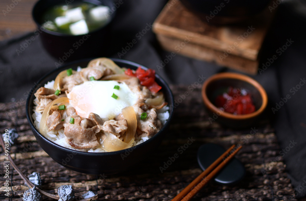 Selective focus on slide pork stir fried teriyaki sauce and soft-boiled egg with rice in bowl. Selective focus on slide pork stir fried teriyaki sauce and soft-boiled egg with rice in bowl.