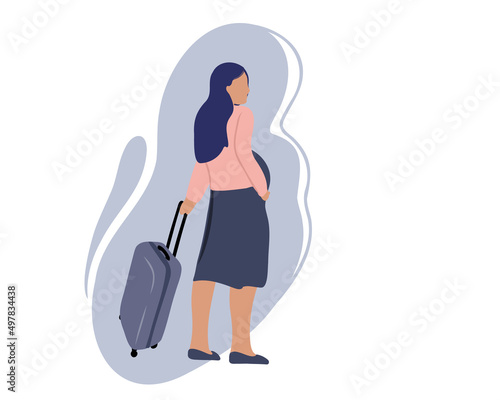 A pregnant young refugee travels with a suitcase. Immigrant. Finding shelter. Resettlement in times of war or emergencies. flat vector illustration