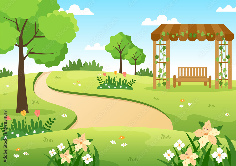 Beautiful Garden Cartoon Background Illustration With A Landscape Nature Of  Plant, Flowers, Tree and Green Grass in Flat Design Style Stock Vector |  Adobe Stock