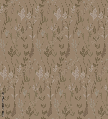 Seamless herbal pattern in sepia colors. Vector faded botanical texture with stems and twigs on beige background. Fabric swatch