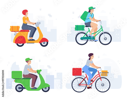 Cartoon characters delivering products on scooters and bicycles. Courier riding on vehicle with pizza boxes