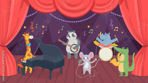Animal musicians characters on theatre stage. Giraffe, rhino, crocodile and panda playing piano, drums and saxophone