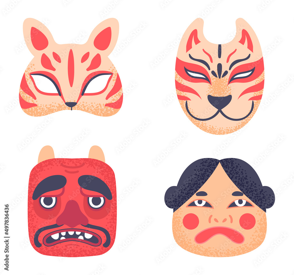 Asian culture symbols. Authentic japanese theatre masks faces. Traditional mythology characters for masquerade