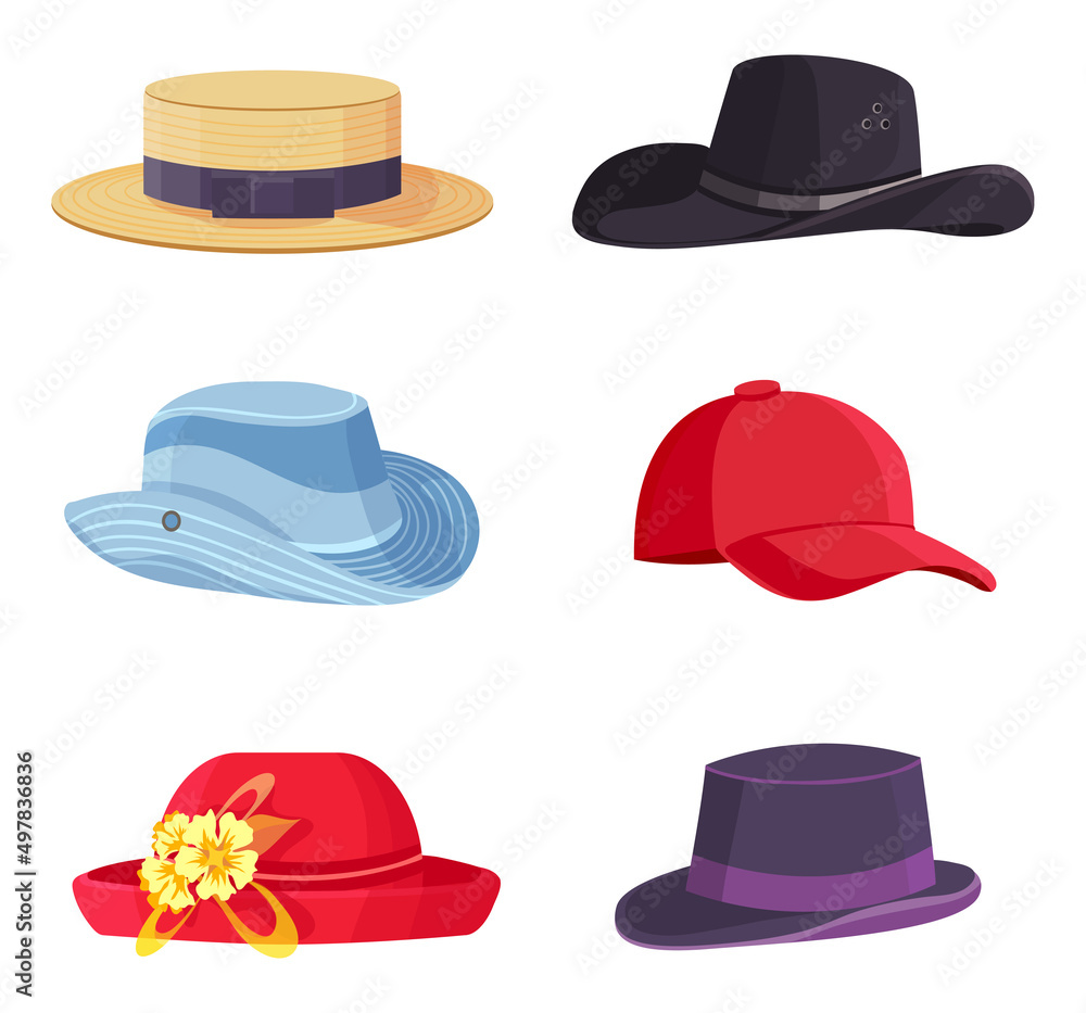 Cartoon headwear. Beach straw hat, fedora, baseball cap. Different colorful headgears for man and woman Cartoon headwear. Beach straw hat, fedora, baseball cap. Different colorful headgears for man and woman