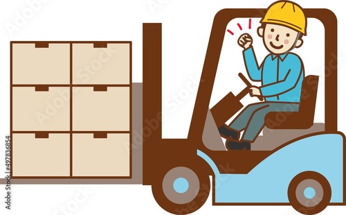 フォークリフトで荷物を運び、ガッツポーズをする男性作業員。
