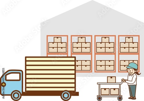 倉庫の前でトラックに荷物を運ぶ女性作業員。