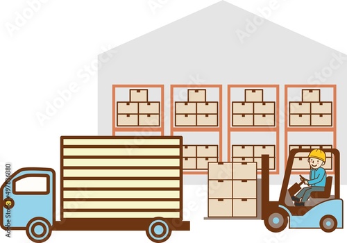 倉庫の前でトラックに荷物を運ぶフォークリフトと男性作業員。