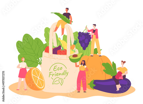 Eco bag with healthy food. Eco friendly grocery package with fresh and organic vegetables and fruit. Little people