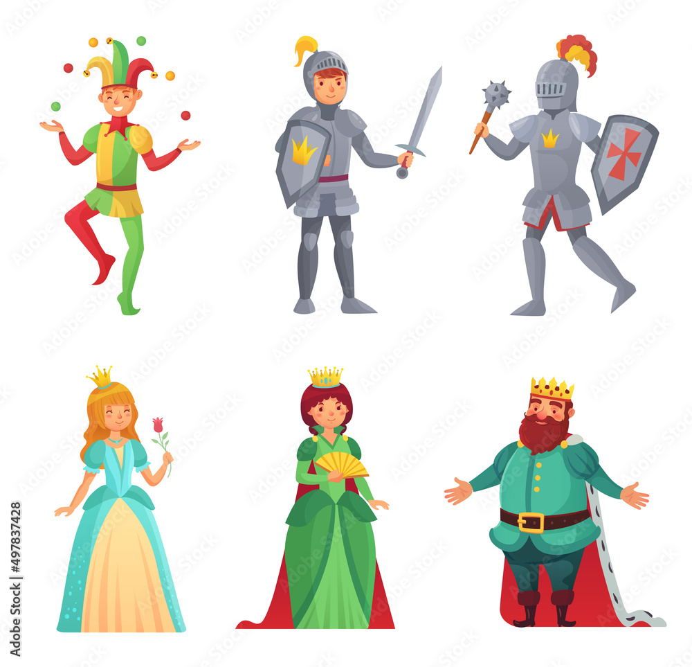 Fairytale characters. Historical medieval people, king and queen, princess and knight, jester. Woman and man of middle age