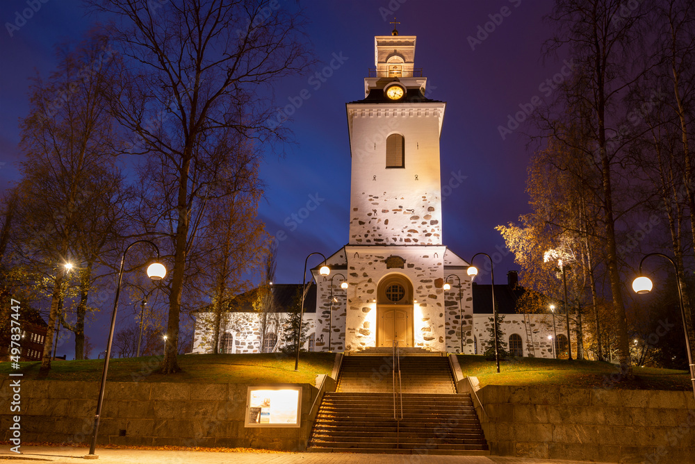 Old Lutheran Cathedral of Kuopio city in night autumn landscape. Finland Old Lutheran Cathedral of Kuopio city in night autumn landscape. Finland