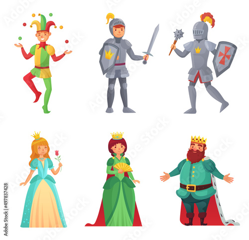 Fairytale characters. Historical medieval people, king and queen, princess and knight, jester. Woman and man of middle age
