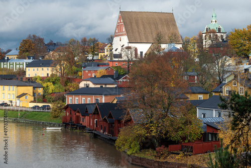 Medieval cathedral of old Porvoo in October landscape on a cloudy day. Finland photo