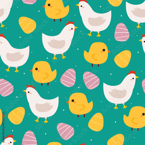 seamless pattern hand drawing cartoon chicken  chick  eggs. easter wallpaper for fabric print  textile