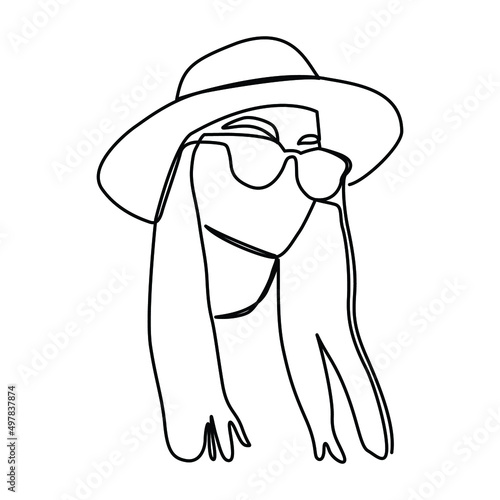 one line continuous drawing of woman wearing eyeglass and fedora hat looking to the left
