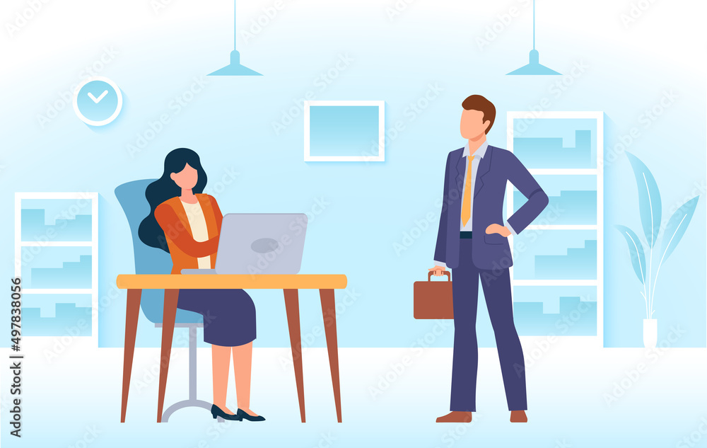 Job searching. Man candidate coming to hr office manager for interview. Recruiter sitting at desk with laptop. Hiring worker Job searching. Man candidate coming to hr office manager for interview. Recruiter sitting at desk with laptop. Hiring worker