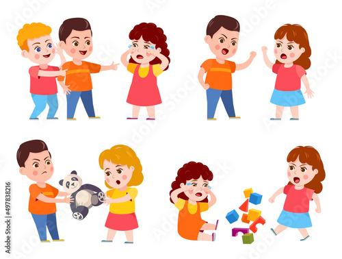 Kids bad behavior. Boys making grimace and offend crying girl  sibling argue or quarrel. Friends fighting over toy