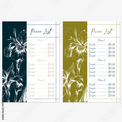 set of price list template designs with hand drawn illustration of iris flowers
