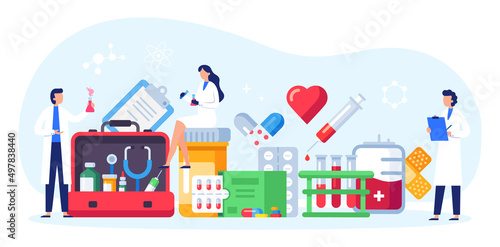 Medical research. Scientists in uniform doing experiments in test tubes and flasks. Inventing medication against diseases