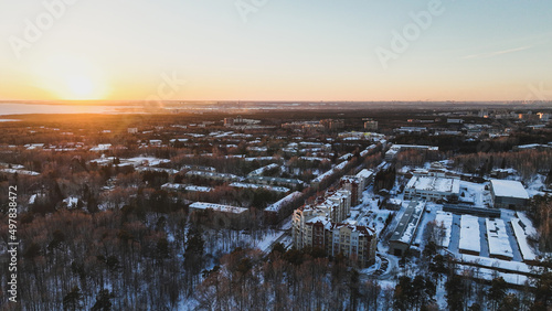 Cityscape of a small town in winter. Aerial view