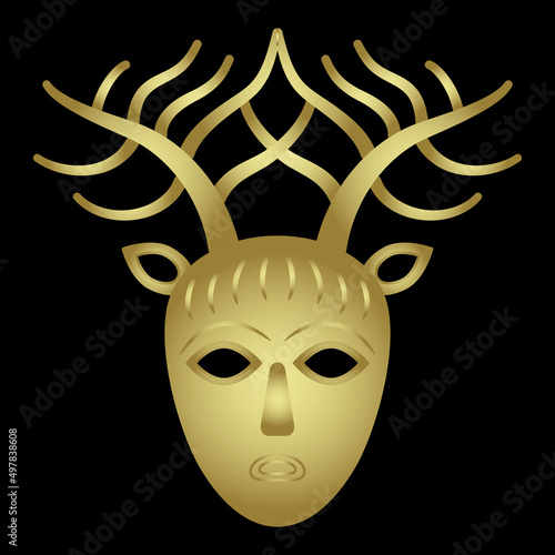 Head of Celtic god Cernunnos. Pagan mask. Horned human male face with deer antlers. Lord of beasts and wild nature. Golden glossy silhouette on black background.