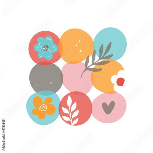 Abstract vector composition with oval shapes and flowers