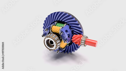 High quality 3d rendering of automotive component detailed coloured, torsen differential closeup isolated photo