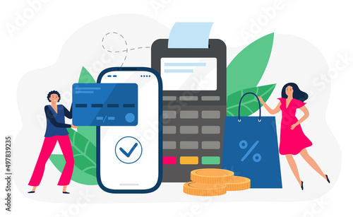 Online payment. Wireless shopping using smartphone, secure transactions in internet. Making purchases using mobile banking