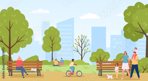People walk in public park. Family going with children and dog pet eating ice cream. Kid riding bicycle, couple sitting on grass