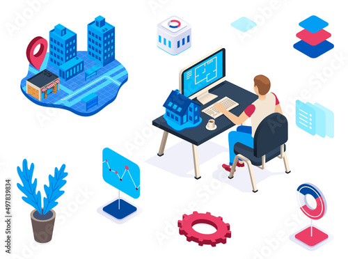 Simulations icons. Male character sitting at desktop computer and planing apartment or house building. City map