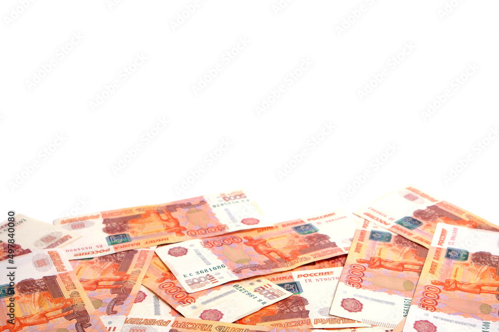 Banknotes Russian ruble with face value five thousand rubles white background. Banknotes Russian ruble with face value five thousand rubles white background.
