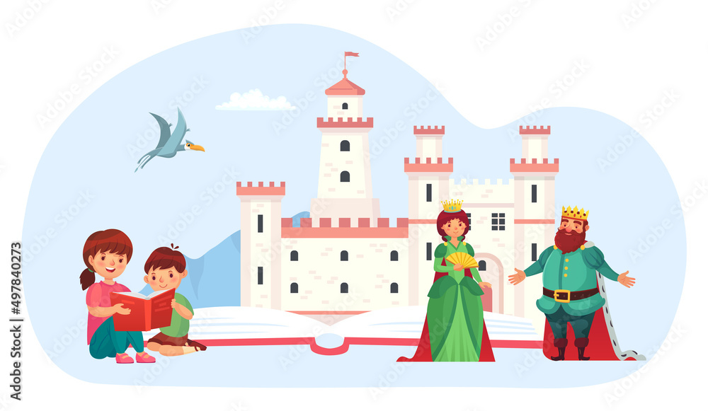 Little kid read book. Children reading fairy tale with medieval kingdom and queen and king. People imagining castle